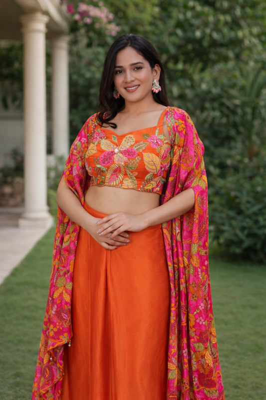 Vibrant Orange Floral Printed Lehenga Set with Embroidered Blouse & Cape Dupatta