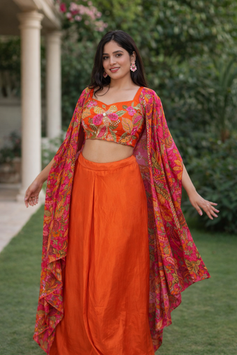 Vibrant Orange Floral Printed Lehenga Set with Embroidered Blouse & Cape Dupatta
