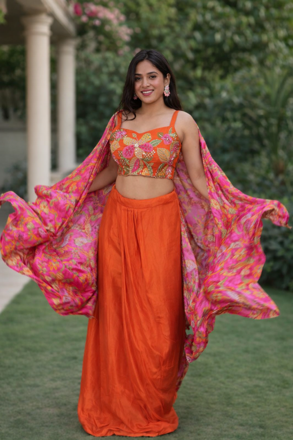 Vibrant Orange Floral Printed Lehenga Set with Embroidered Blouse & Cape Dupatta