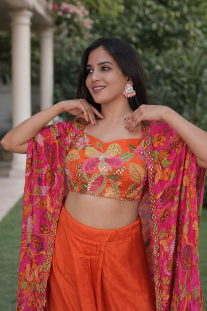 Vibrant Orange Floral Printed Lehenga Set with Embroidered Blouse & Cape Dupatta
