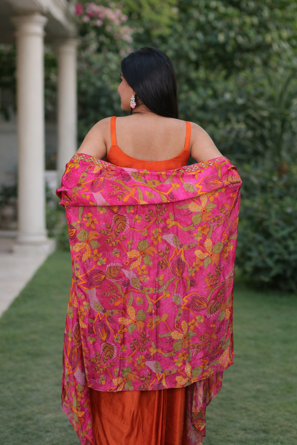 Vibrant Orange Floral Printed Lehenga Set with Embroidered Blouse & Cape Dupatta