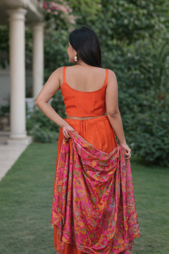 Vibrant Orange Floral Printed Lehenga Set with Embroidered Blouse & Cape Dupatta