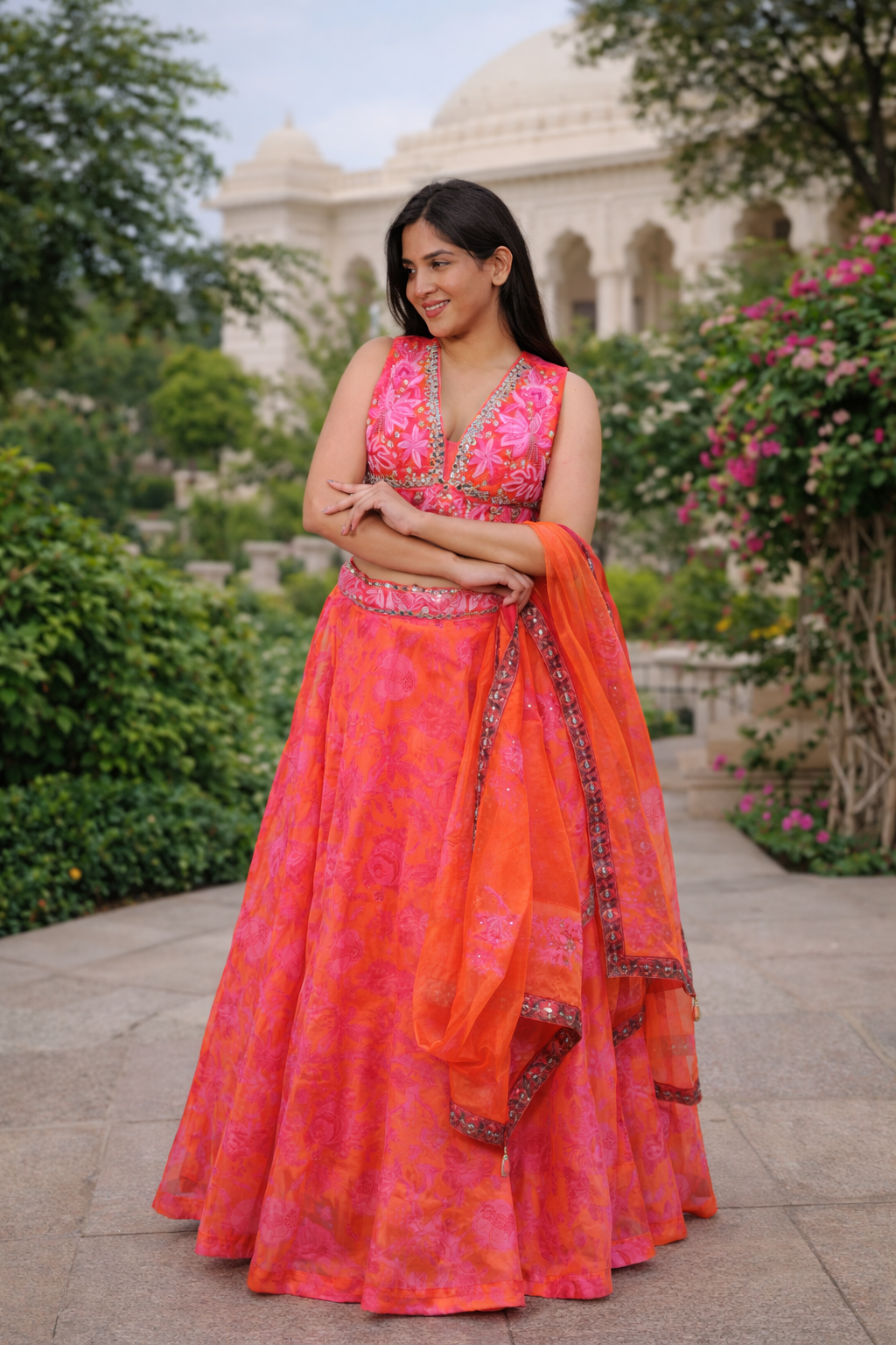 Vibrant Orange & Pink Floral Printed Lehenga Set with Embroidered V-Neck Blouse & Dupatta