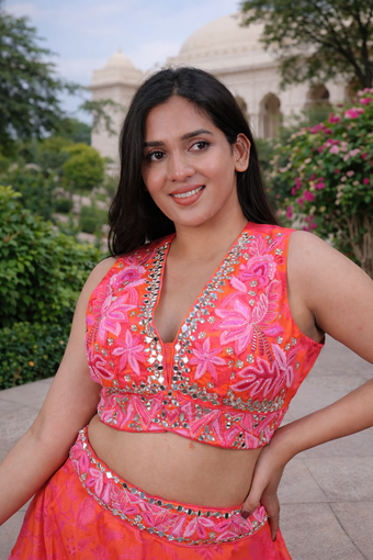 Vibrant Orange & Pink Floral Printed Lehenga Set with Embroidered V-Neck Blouse & Dupatta