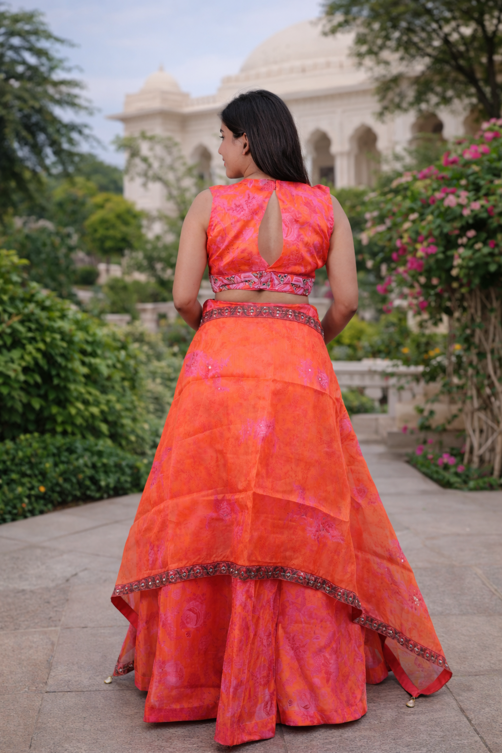 Vibrant Orange & Pink Floral Printed Lehenga Set with Embroidered V-Neck Blouse & Dupatta