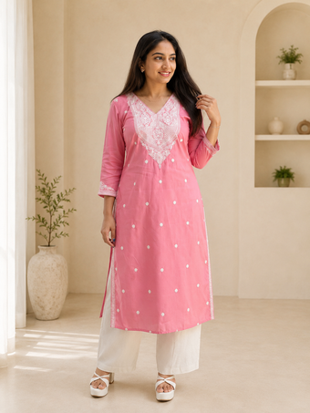 Pink Embroidered Cotton Blend Straight Kurti