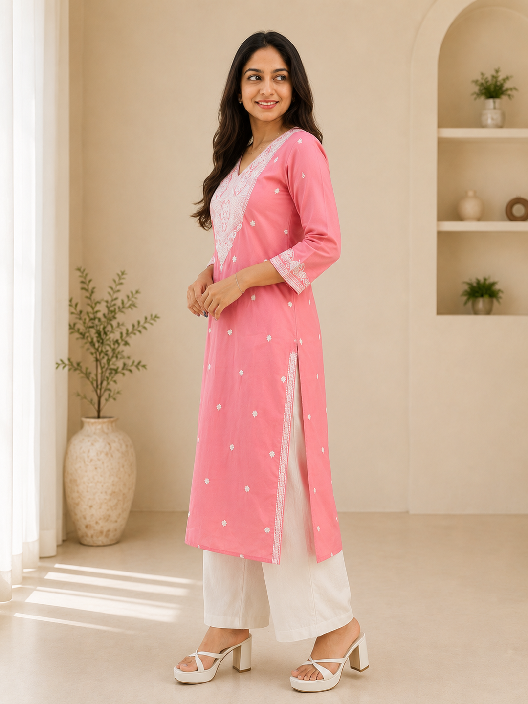Pink Embroidered Cotton Blend Straight Kurti
