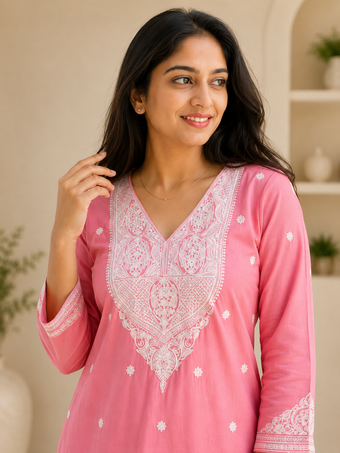 Pink Embroidered Cotton Blend Straight Kurti