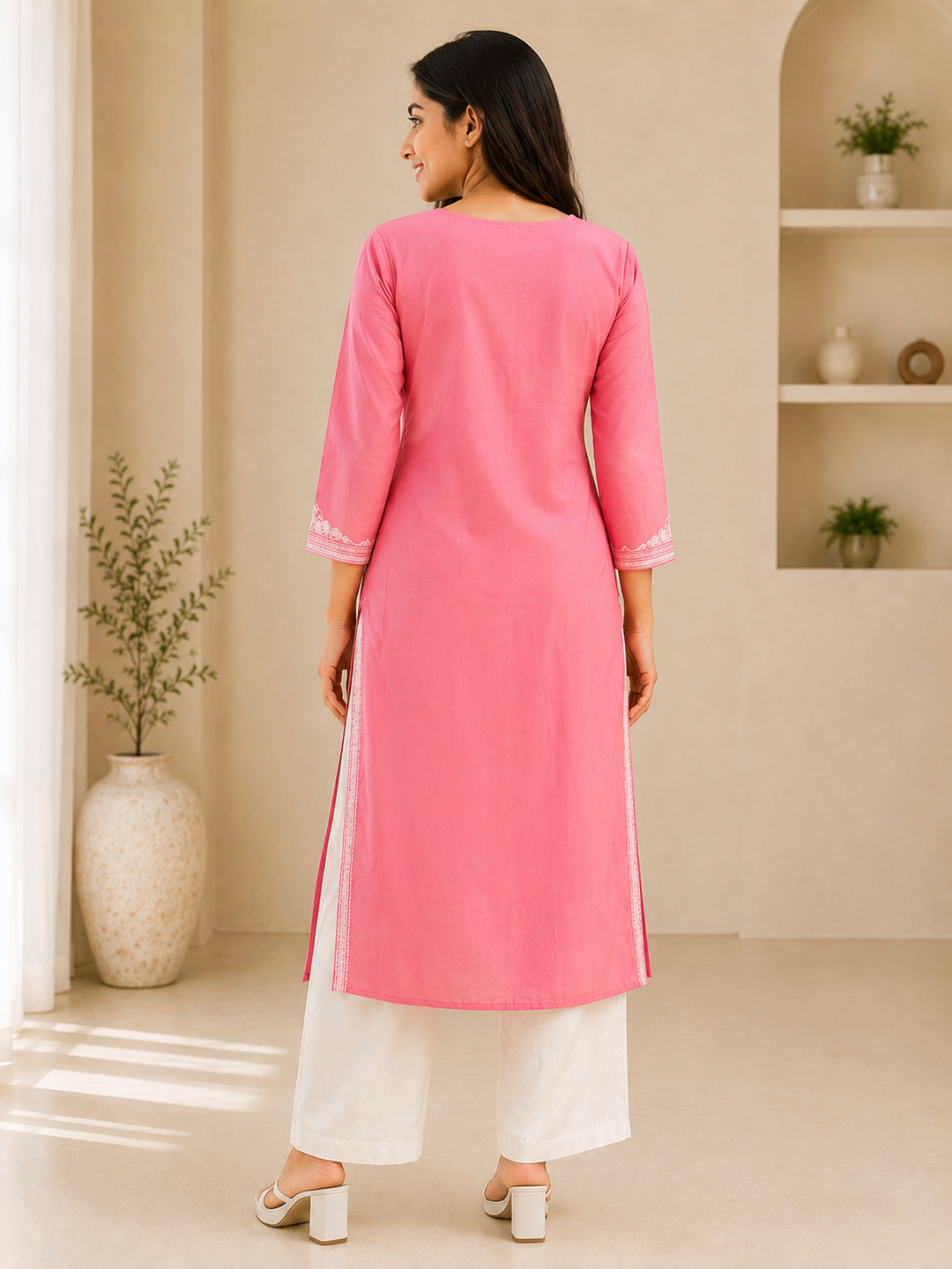 Pink Embroidered Cotton Blend Straight Kurti