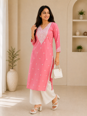 Pink Embroidered Cotton Blend Straight Kurti
