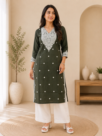 Dark Green Embroidered Cotton Blend Straight Kurti
