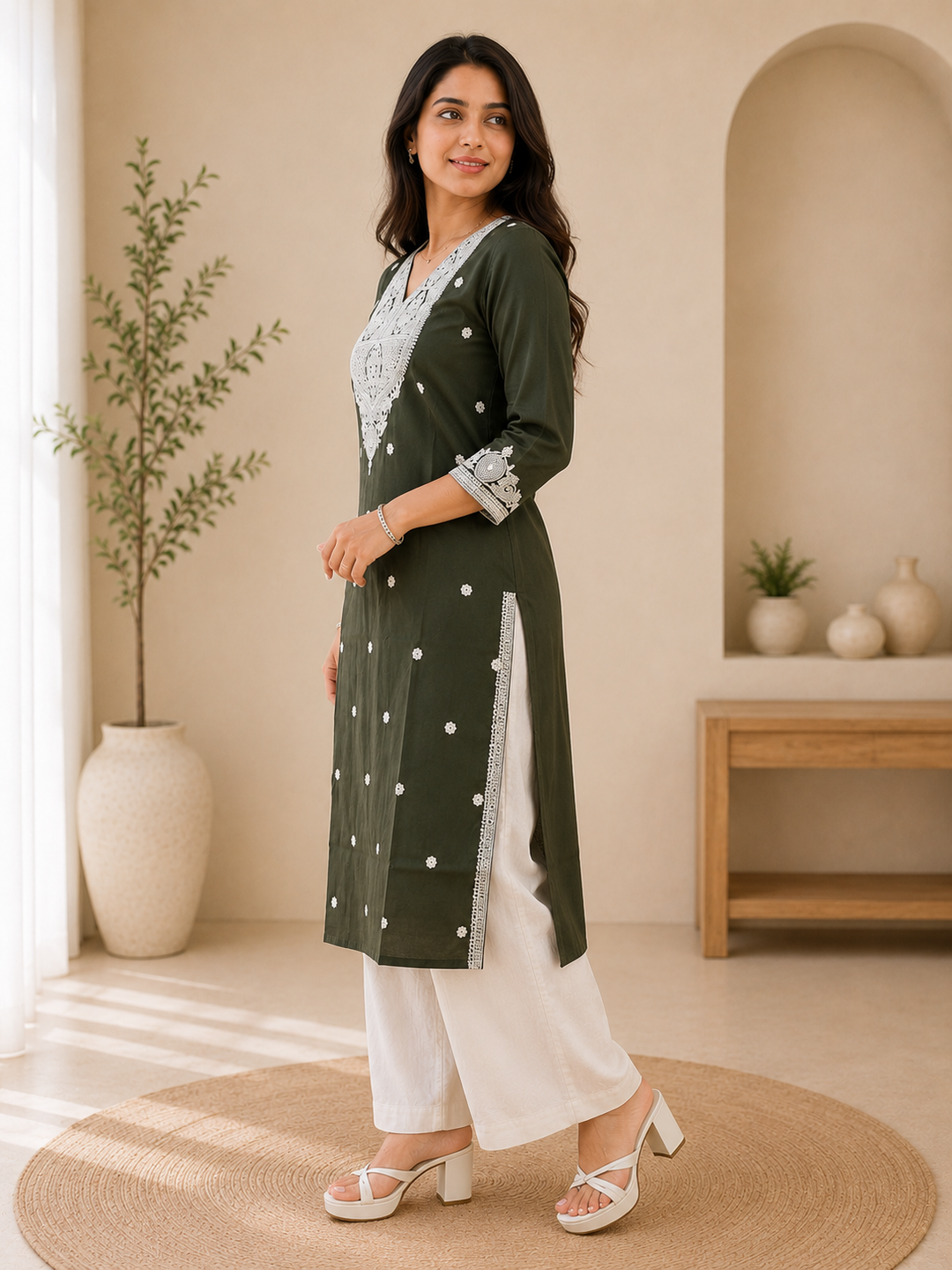 Dark Green Embroidered Cotton Blend Straight Kurti