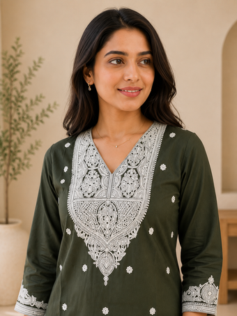 Dark Green Embroidered Cotton Blend Straight Kurti