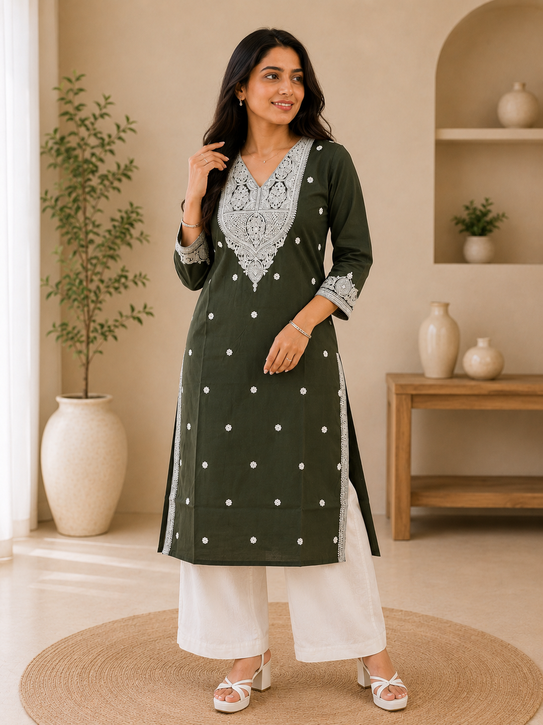 Dark Green Embroidered Cotton Blend Straight Kurti