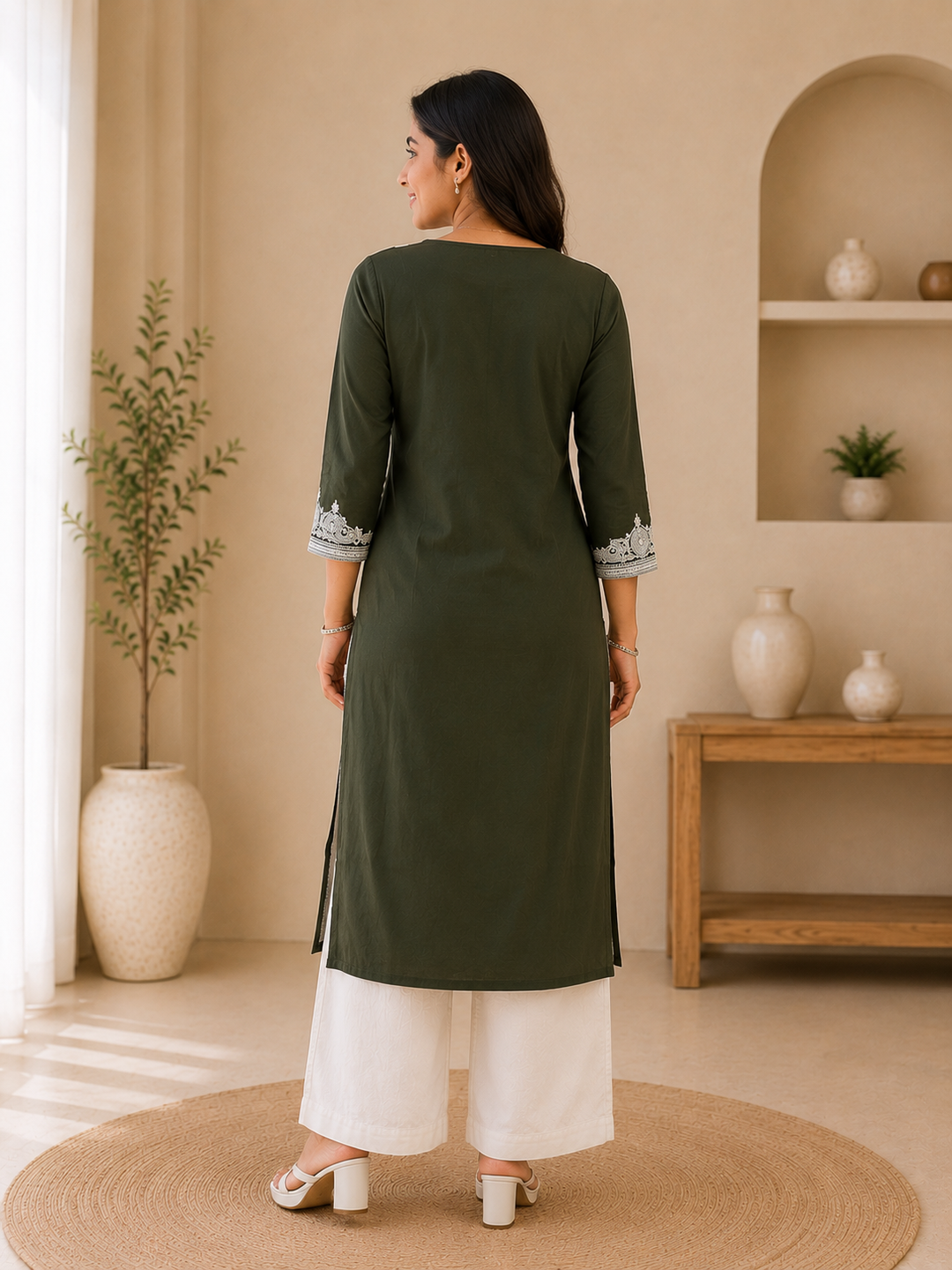 Dark Green Embroidered Cotton Blend Straight Kurti