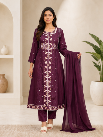 Wine Floral Embroidered Cotton Blend A-Line Kurta Set with Dupatta