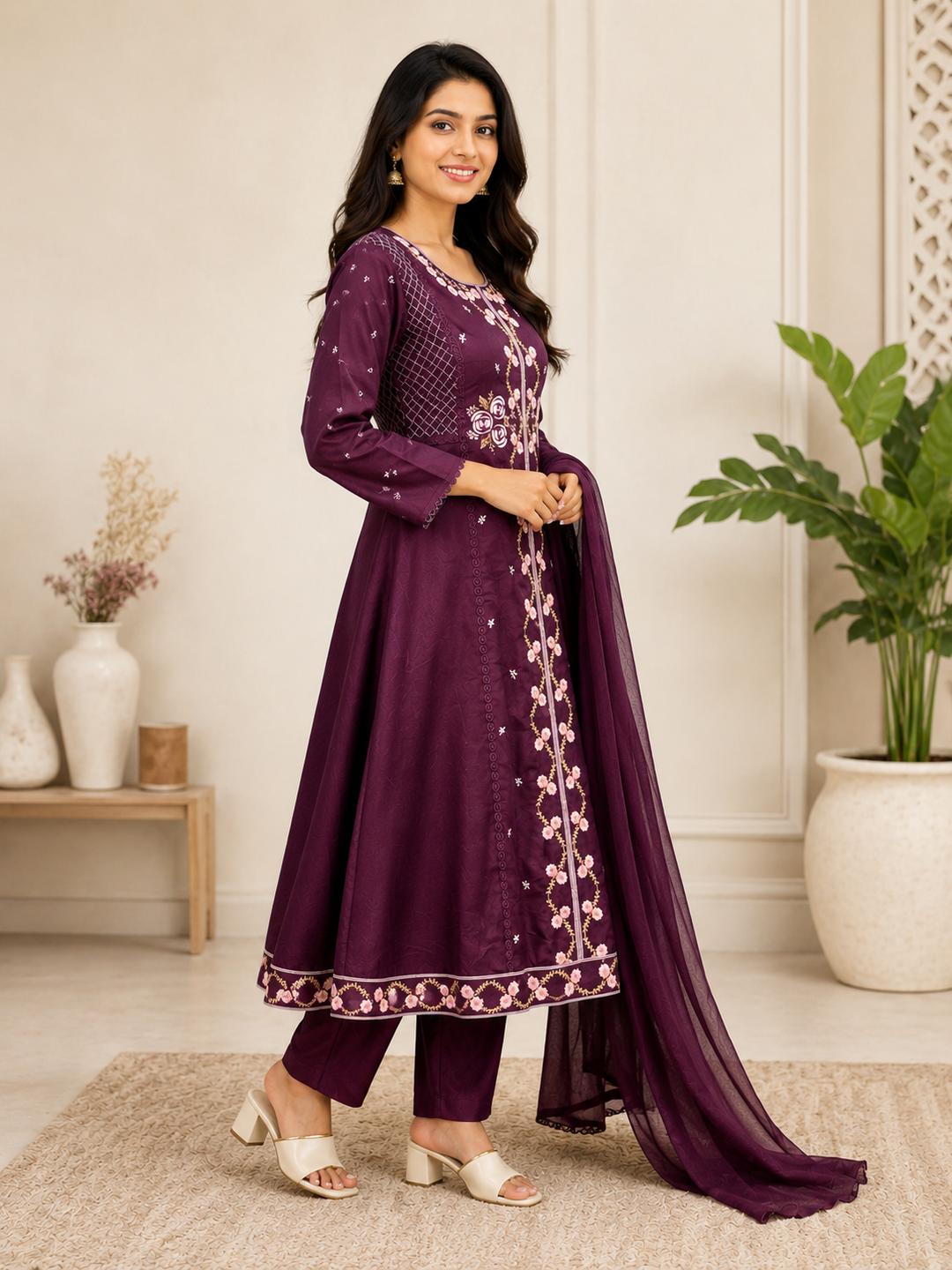 Wine Floral Embroidered Cotton Blend A-Line Kurta Set with Dupatta