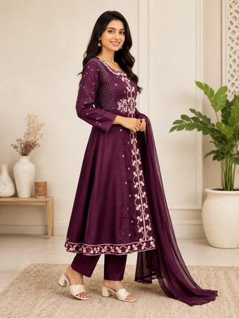 Wine Floral Embroidered Cotton Blend A-Line Kurta Set with Dupatta