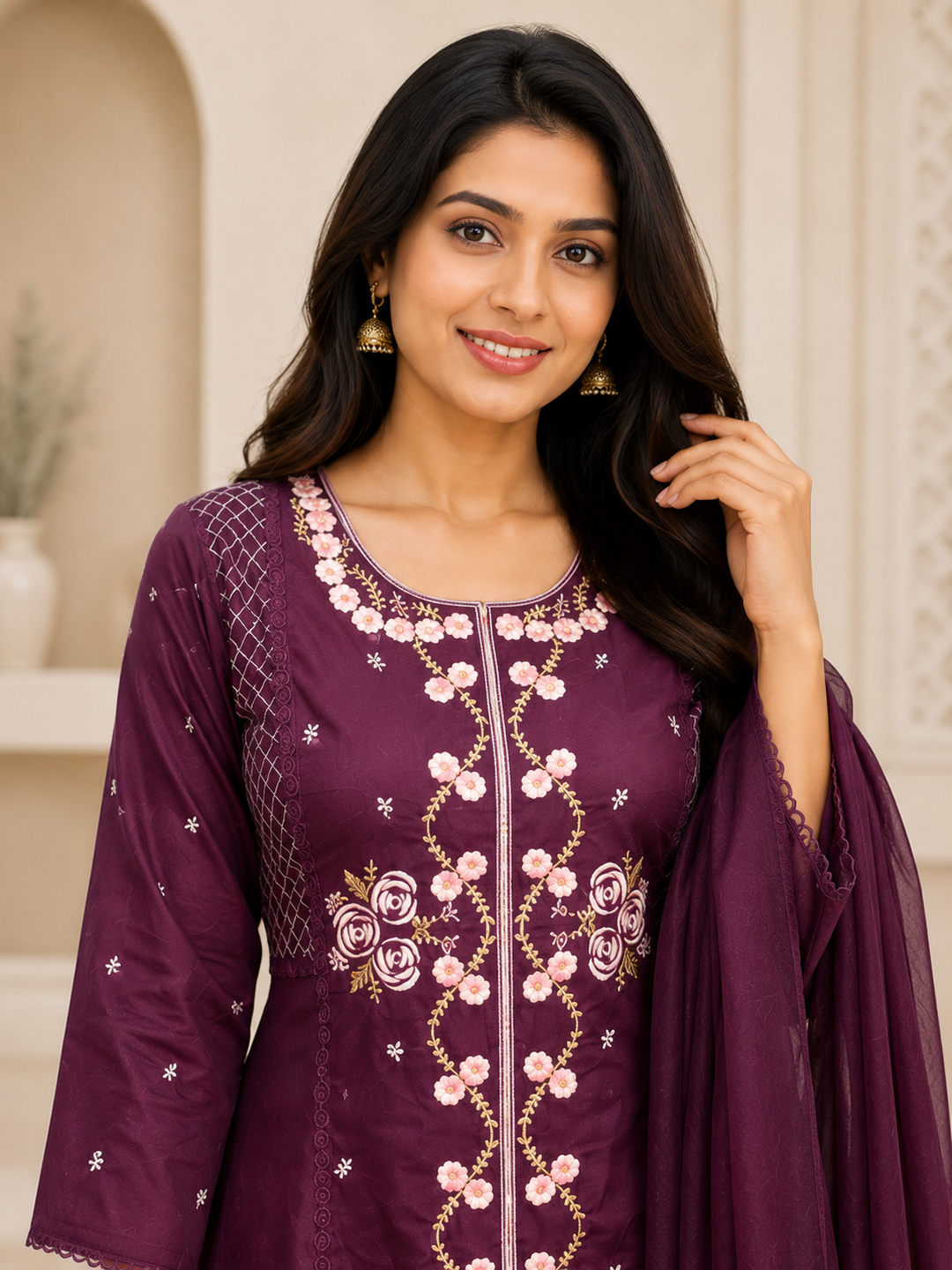Wine Floral Embroidered Cotton Blend A-Line Kurta Set with Dupatta