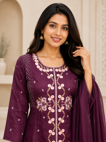 Wine Floral Embroidered Cotton Blend A-Line Kurta Set with Dupatta