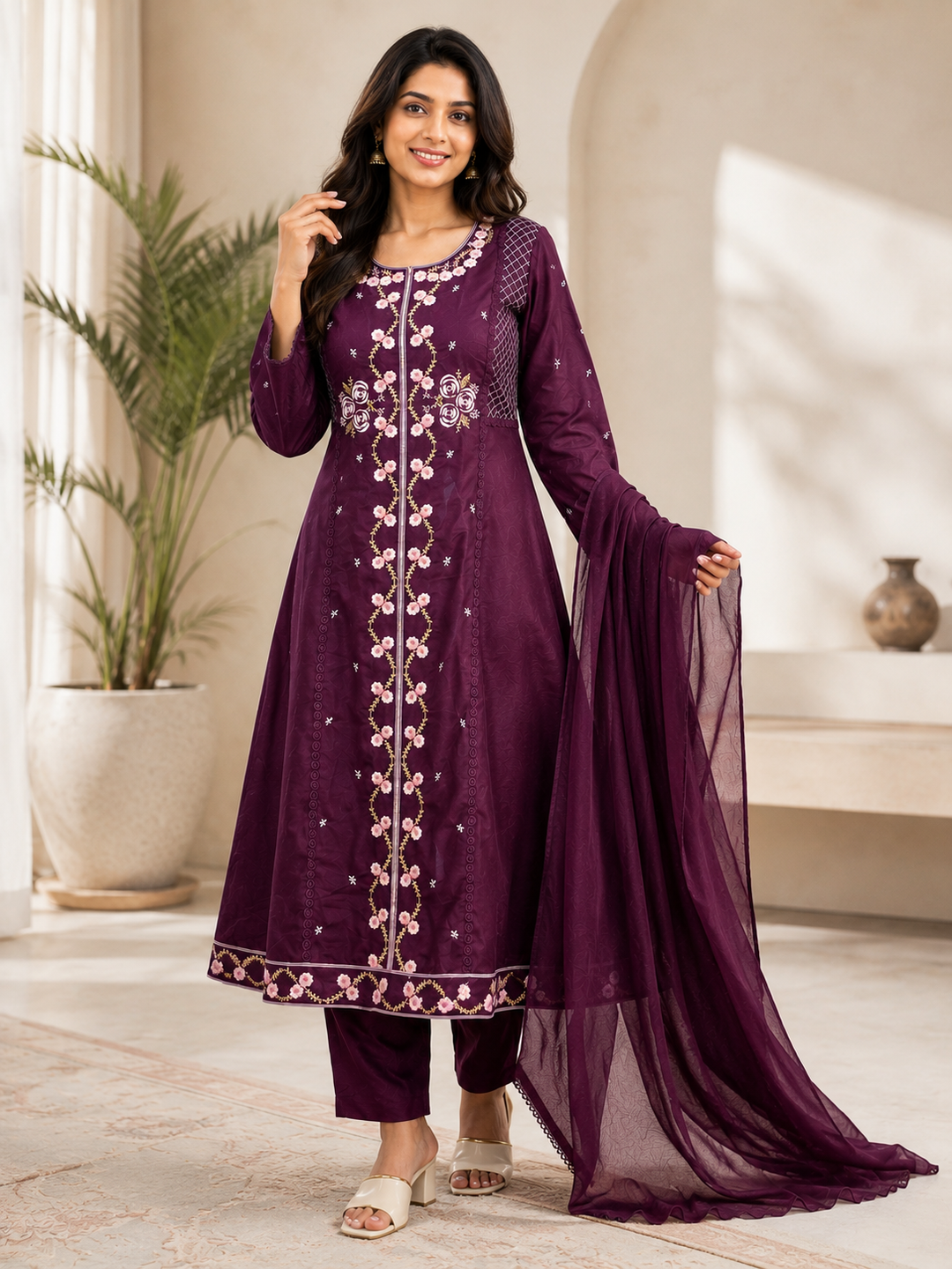 Wine Floral Embroidered Cotton Blend A-Line Kurta Set with Dupatta