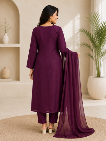Wine Floral Embroidered Cotton Blend A-Line Kurta Set with Dupatta