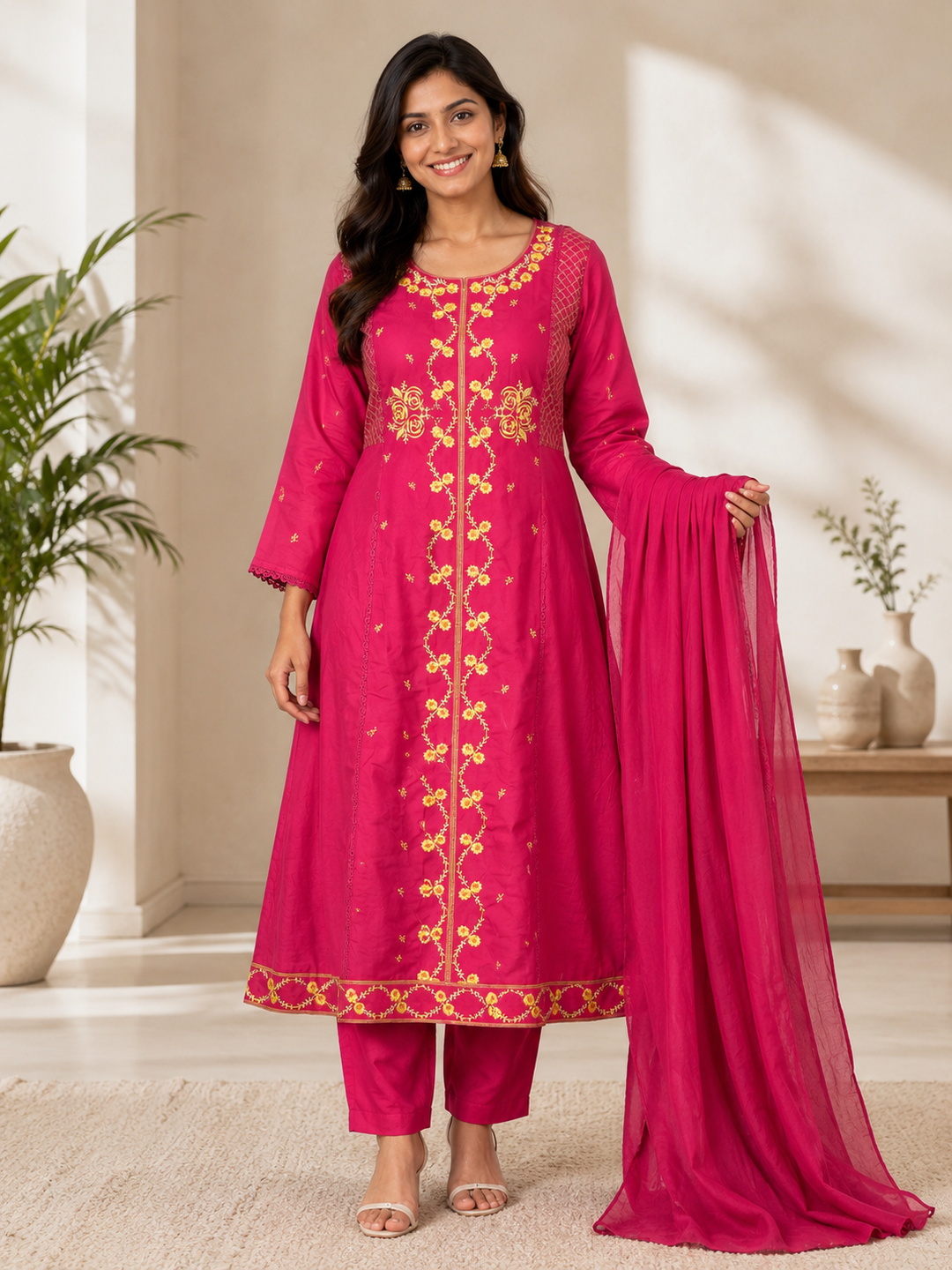 Rani Pink Floral Embroidered Cotton Blend A-Line Kurta Set with Dupatta