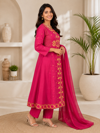 Rani Pink Floral Embroidered Cotton Blend A-Line Kurta Set with Dupatta