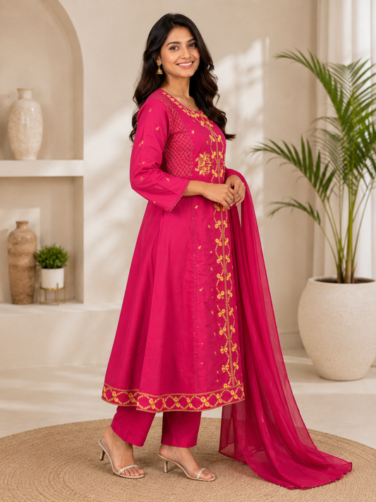 Rani Pink Floral Embroidered Cotton Blend A-Line Kurta Set with Dupatta