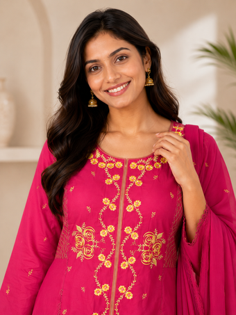 Rani Pink Floral Embroidered Cotton Blend A-Line Kurta Set with Dupatta