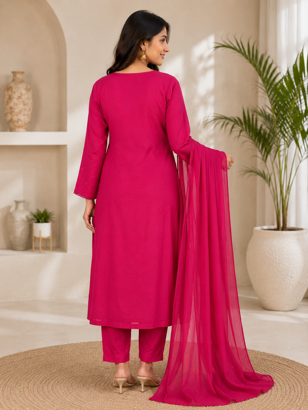 Rani Pink Floral Embroidered Cotton Blend A-Line Kurta Set with Dupatta