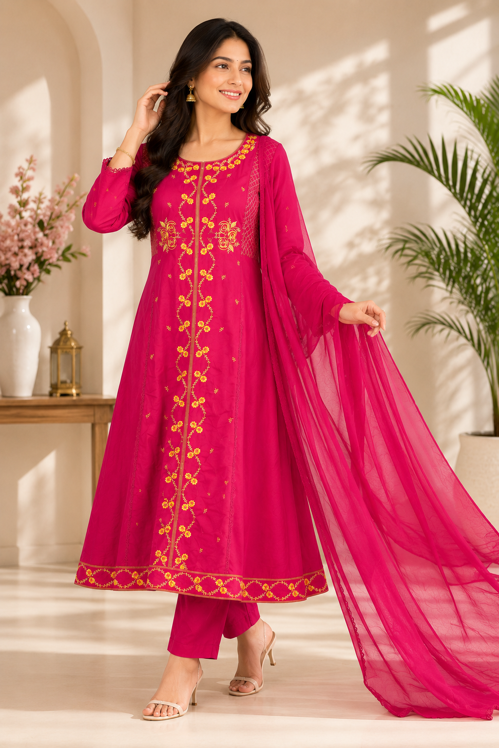 Rani Pink Floral Embroidered Cotton Blend A-Line Kurta Set with Dupatta