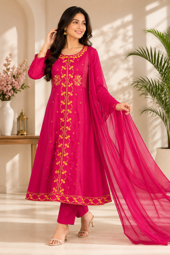 Rani Pink Floral Embroidered Cotton Blend A-Line Kurta Set with Dupatta