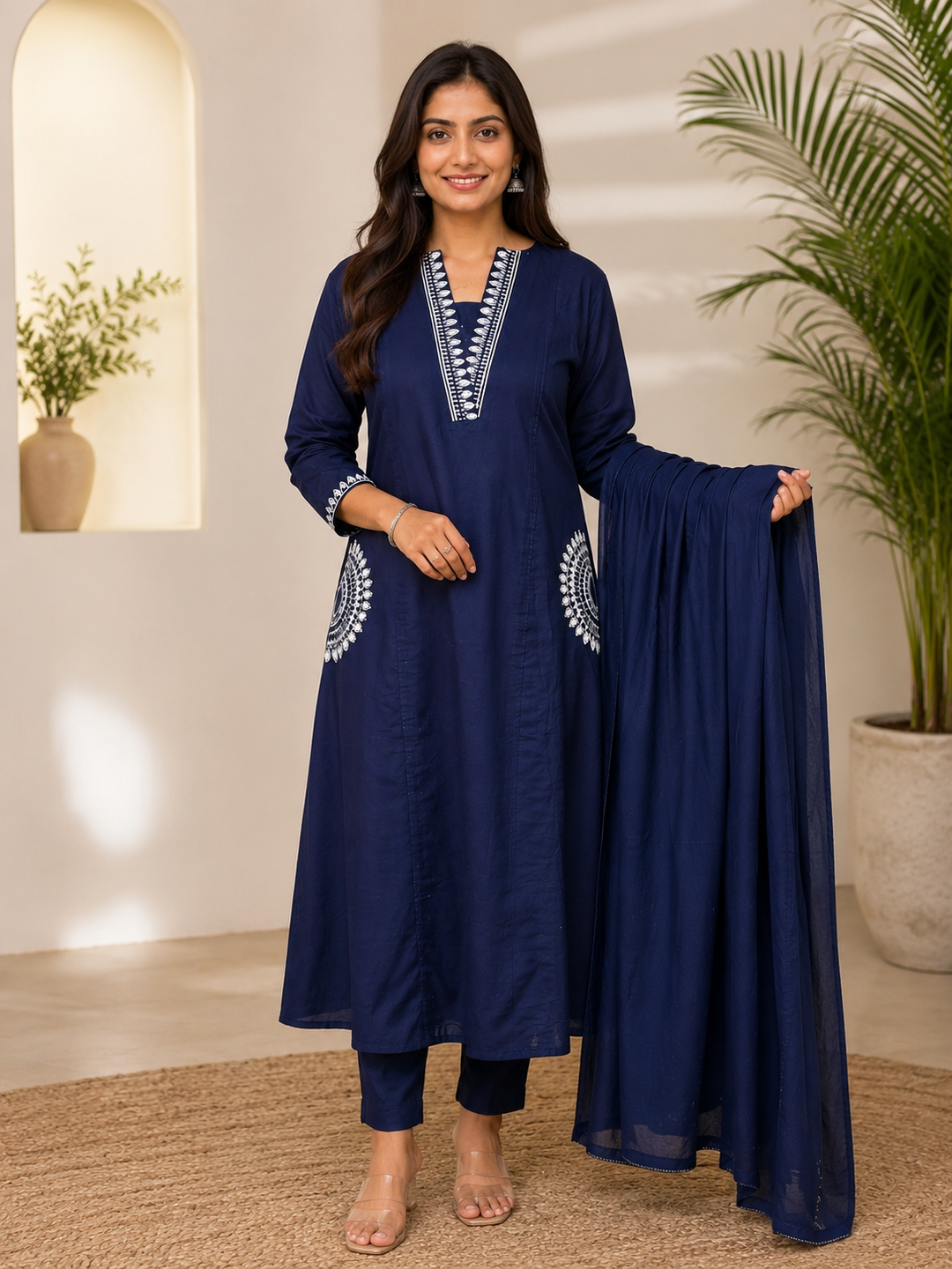 Navy Blue Embroidered Straight Kurta Set with Dupatta