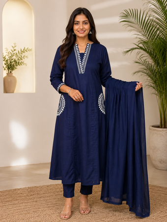 Navy Blue Embroidered Straight Kurta Set with Dupatta