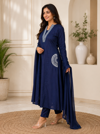 Navy Blue Embroidered Straight Kurta Set with Dupatta