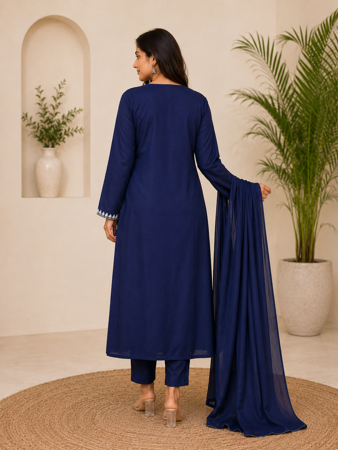 Navy Blue Embroidered Straight Kurta Set with Dupatta