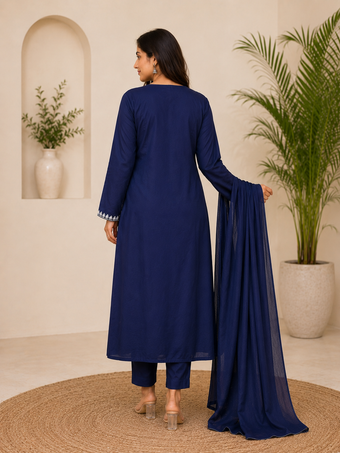Navy Blue Embroidered Straight Kurta Set with Dupatta