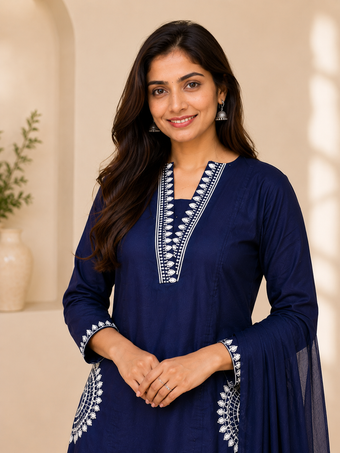 Navy Blue Embroidered Straight Kurta Set with Dupatta