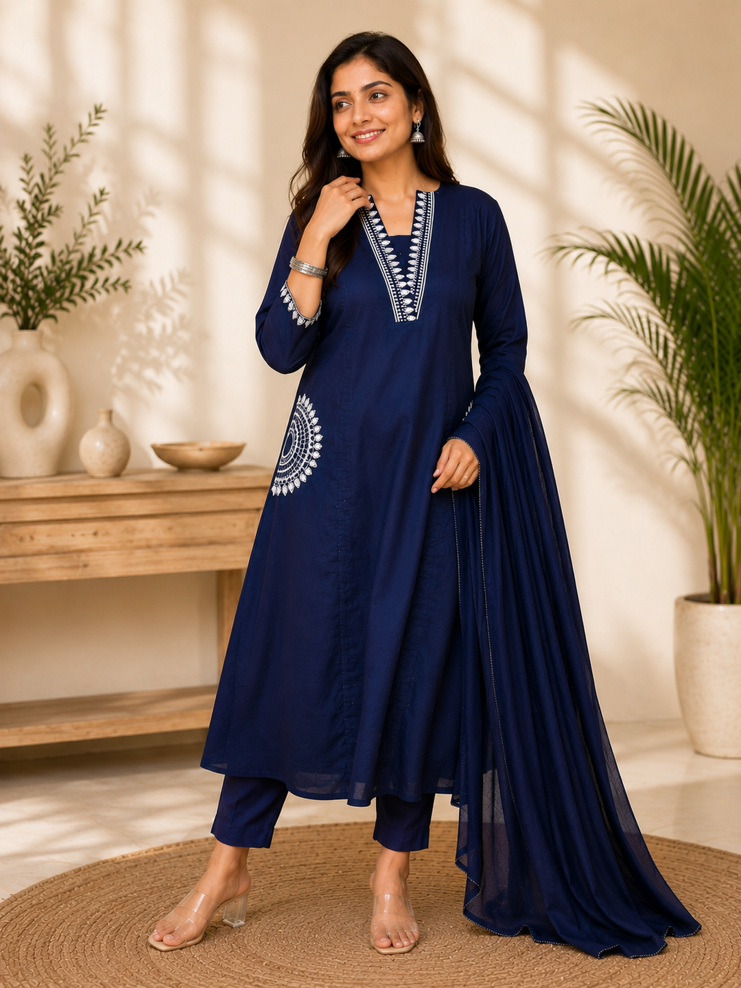 Navy Blue Embroidered Straight Kurta Set with Dupatta