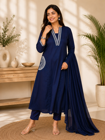 Navy Blue Embroidered Straight Kurta Set with Dupatta