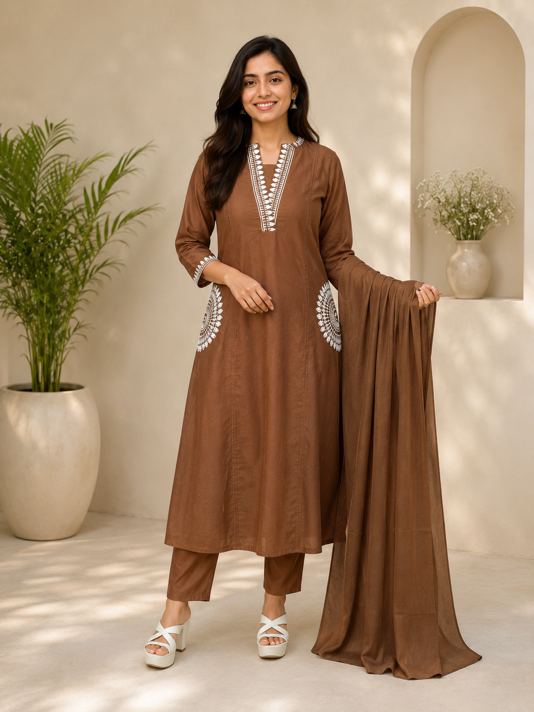 Coffee Brown Embroidered Straight Kurta Set with Dupatta