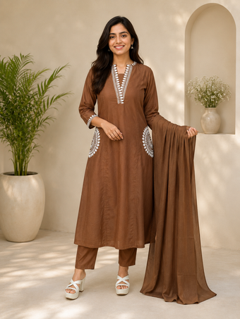 Coffee Brown Embroidered Straight Kurta Set with Dupatta
