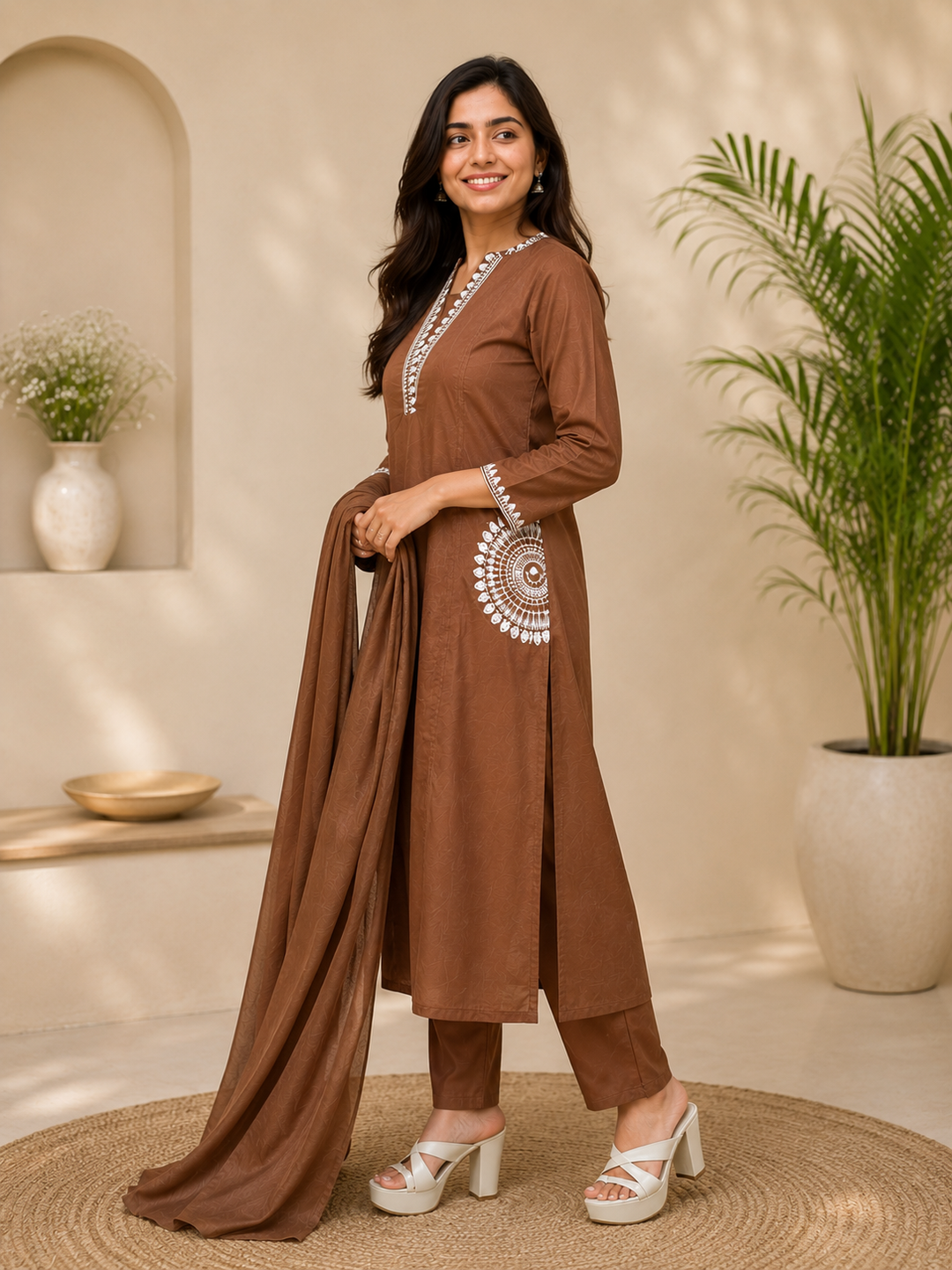 Coffee Brown Embroidered Straight Kurta Set with Dupatta