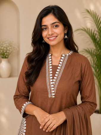 Coffee Brown Embroidered Straight Kurta Set with Dupatta