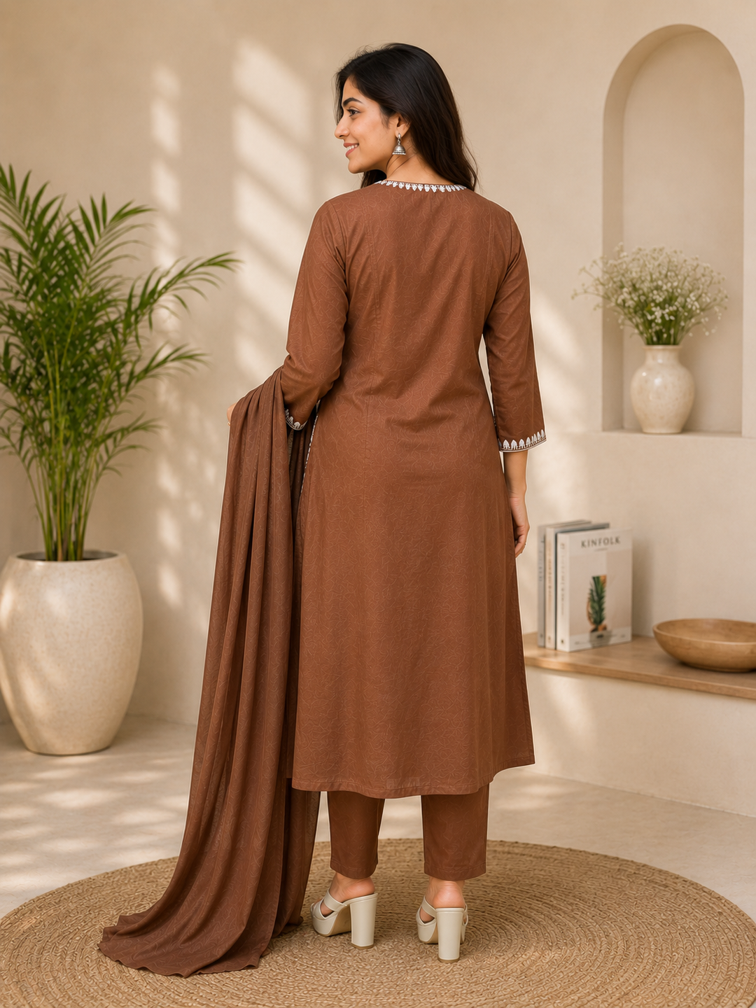 Coffee Brown Embroidered Straight Kurta Set with Dupatta