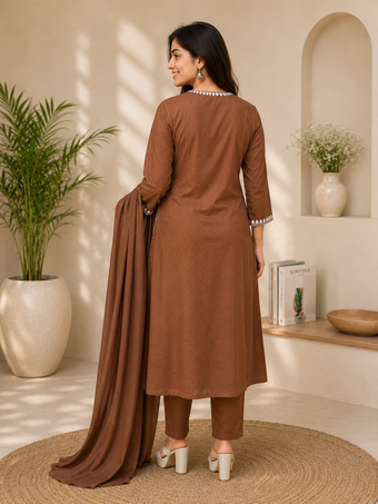 Coffee Brown Embroidered Straight Kurta Set with Dupatta