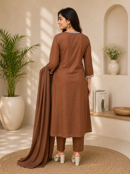 Coffee Brown Embroidered Straight Kurta Set with Dupatta