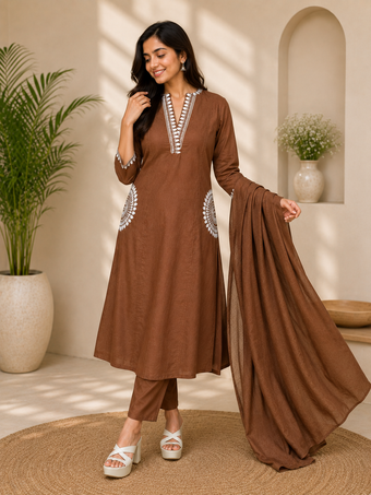 Coffee Brown Embroidered Straight Kurta Set with Dupatta