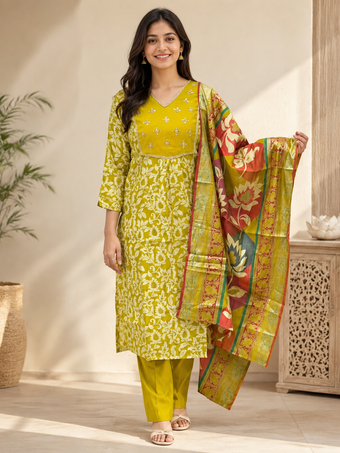 Olive Green Floral Printed Cotton Blend Kurta Set with Dupatta